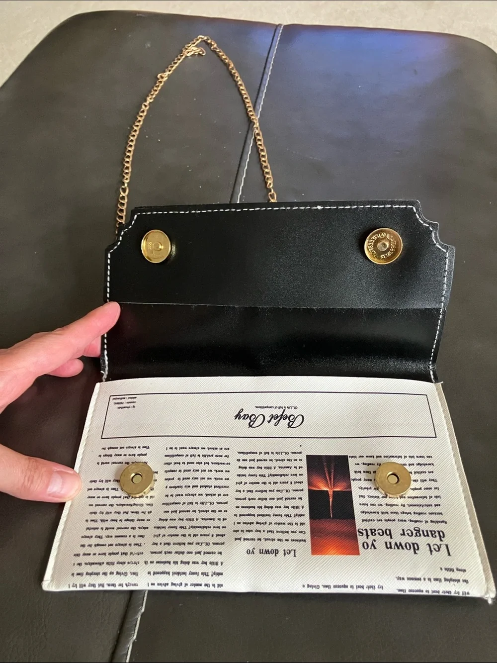 Newspaper Print White Clutch with Gold Chain Strap